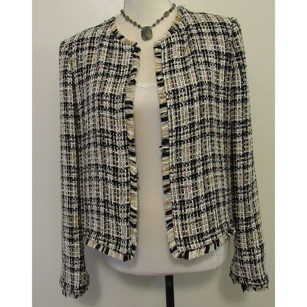 Calvin Klein Plaid Tweed Frayed Edge Open Front Jacket